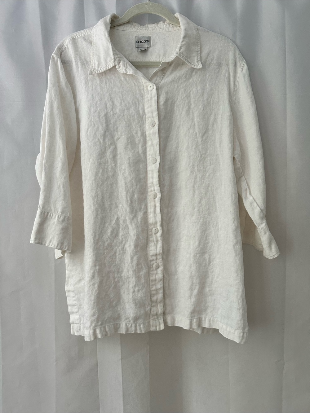 Chico's Size 3 XL White Linen Button-Front 3/4 Sleeve Tunic Coastal Euro Summer